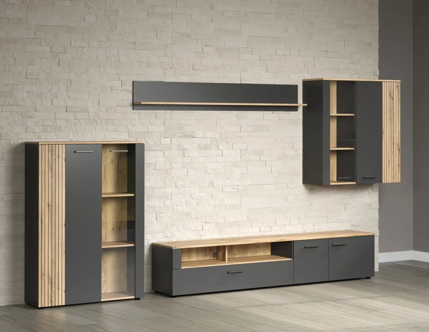 Wohnkombination Esteban | Anthrazit / Coast Evoke Oak | 4-teilig 2er Set LED Unterbauspot