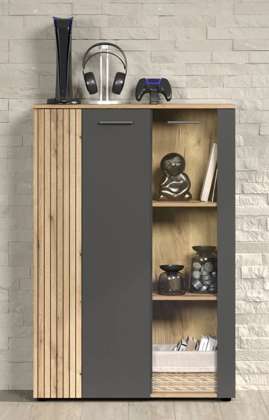 Wohnkombination Esteban | Anthrazit / Coast Evoke Oak | 4-teilig 3er Set LED Unterbauspot