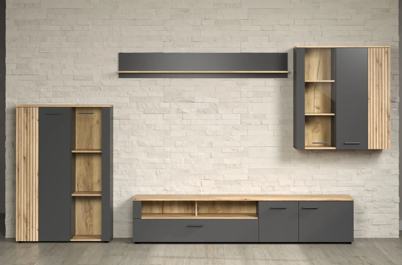 Wohnkombination Esteban | Anthrazit / Coast Evoke Oak | 4-teilig Komplettset