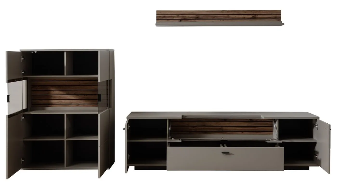 Wohnkombination Lüttich 2 | Basalt / Wotan Eiche | 3-teilig | Highboard mit Bandbeleuchtung