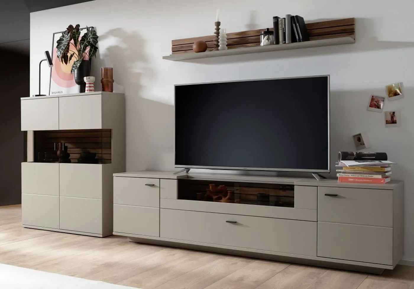 Wohnkombination Lüttich 2 | Basalt / Wotan Eiche | 3-teilig | optional LED Beleuchtung