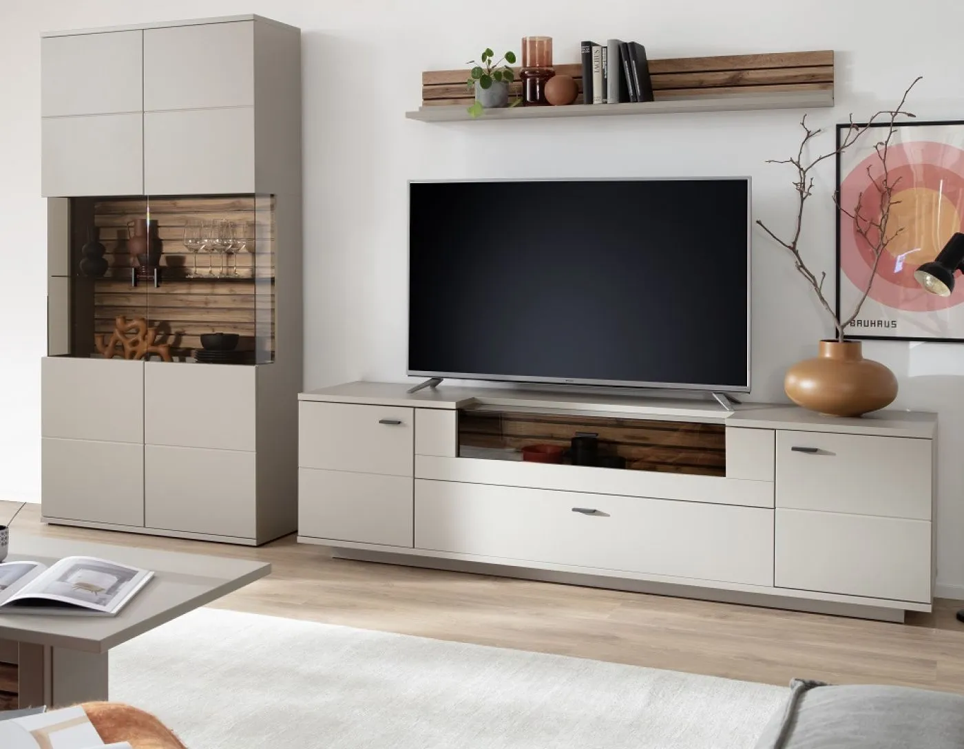 Wohnkombination Lüttich 3 | Basalt / Wotan Eiche | 3-teilig | TV-Board & Wandboard mit Bandbeleuchtung