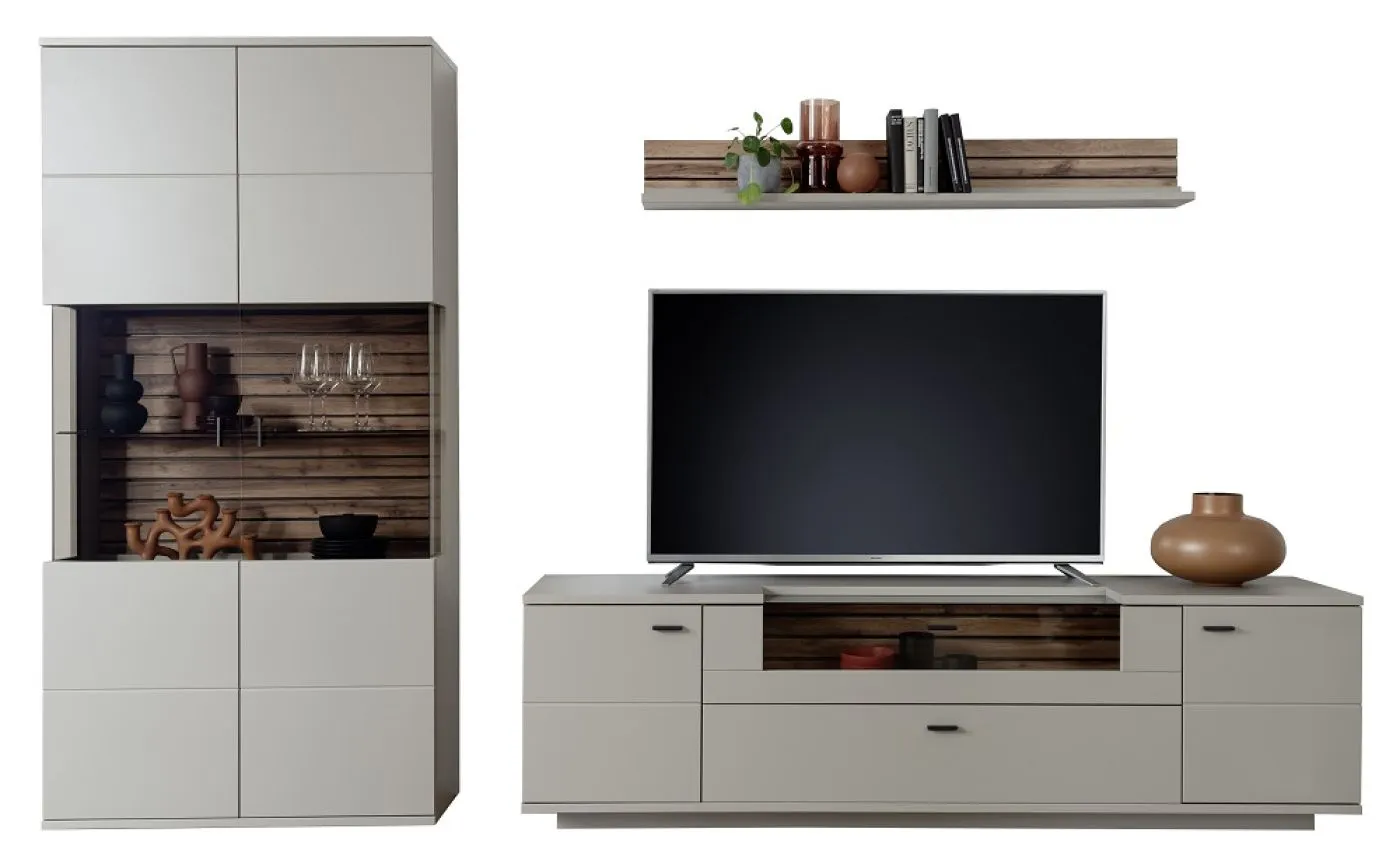 Wohnkombination Lüttich 3 | Basalt / Wotan Eiche | 3-teilig | TV-Board & Wandboard mit Bandbeleuchtung