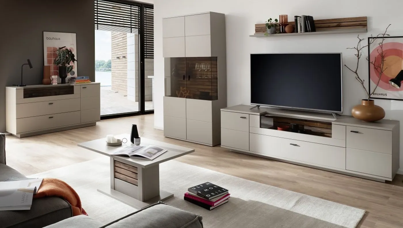 Wohnkombination Lüttich 3 | Basalt / Wotan Eiche | 3-teilig | TV-Board & Wandboard mit Bandbeleuchtung