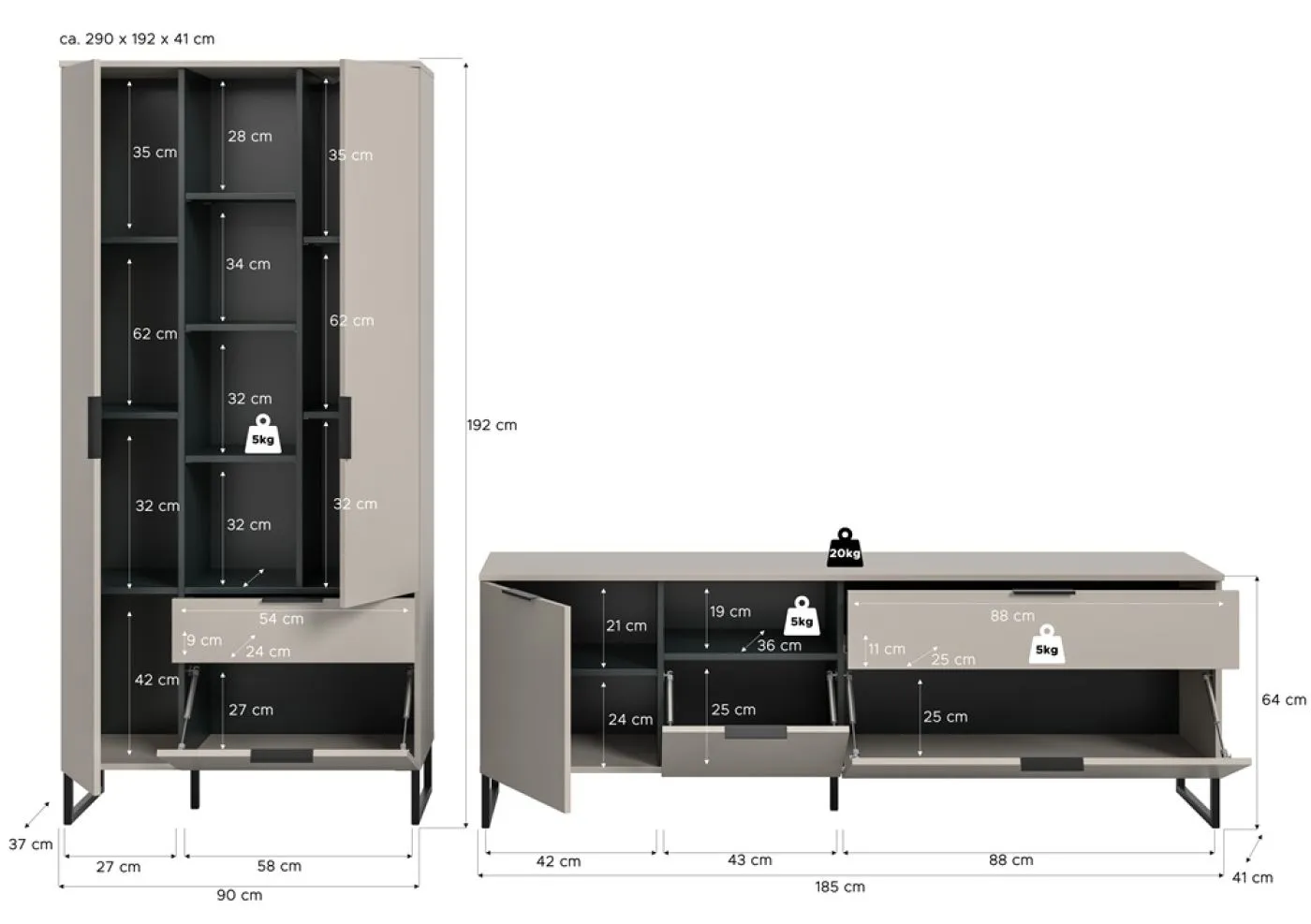 Wohnkombination Noida | 2-teilig | Kaschmir / schwarz mit 2er Set LED Beleuchtung