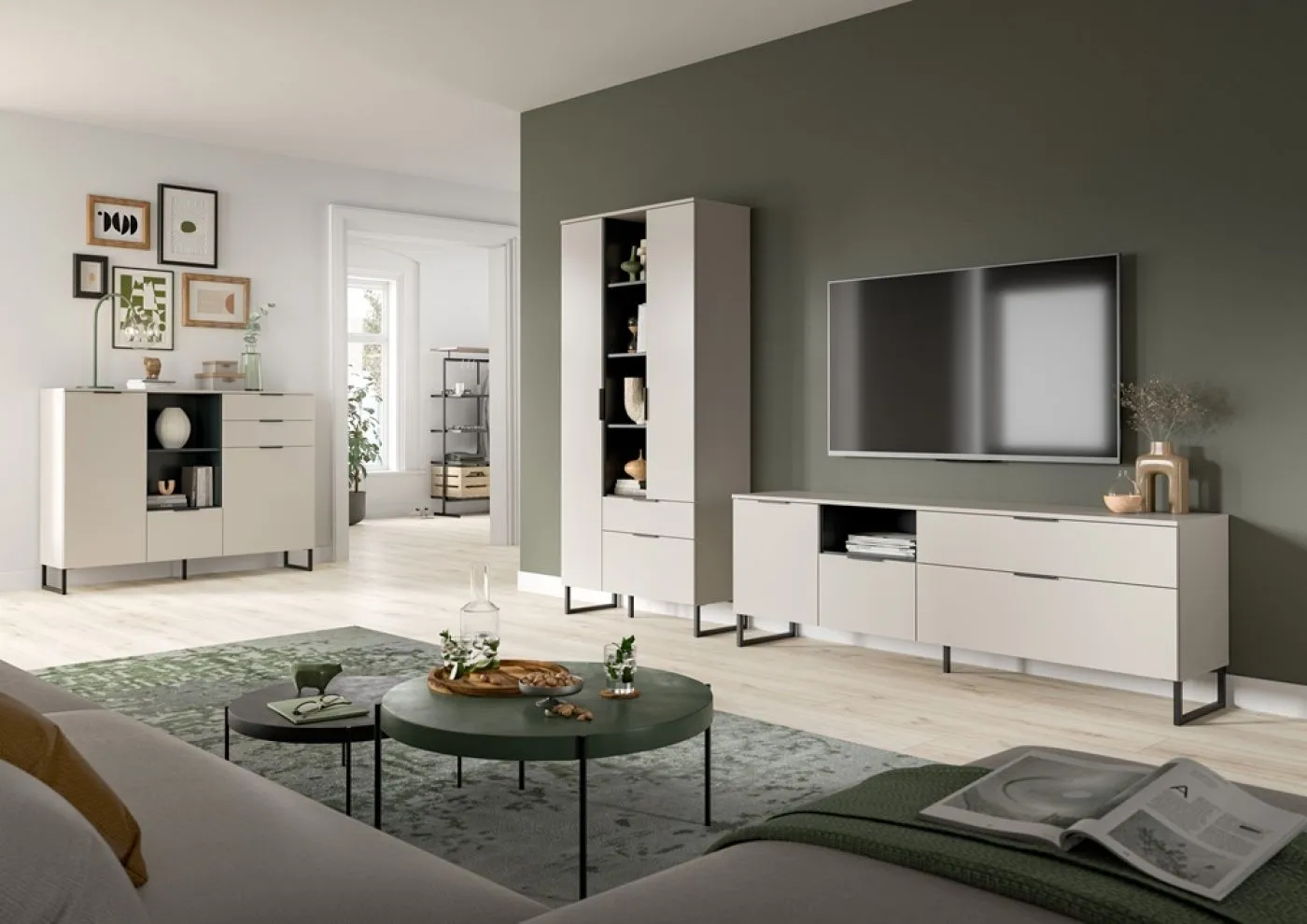 Wohnkombination Noida | 2-teilig | Kaschmir / schwarz mit 2er Set LED Beleuchtung