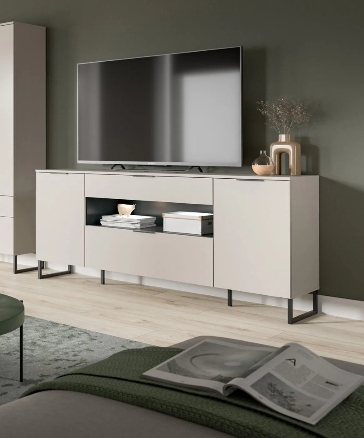 Wohnkombination Noida 3 | 2-teilig | Kaschmir / schwarz mit 2er Set LED Beleuchtung