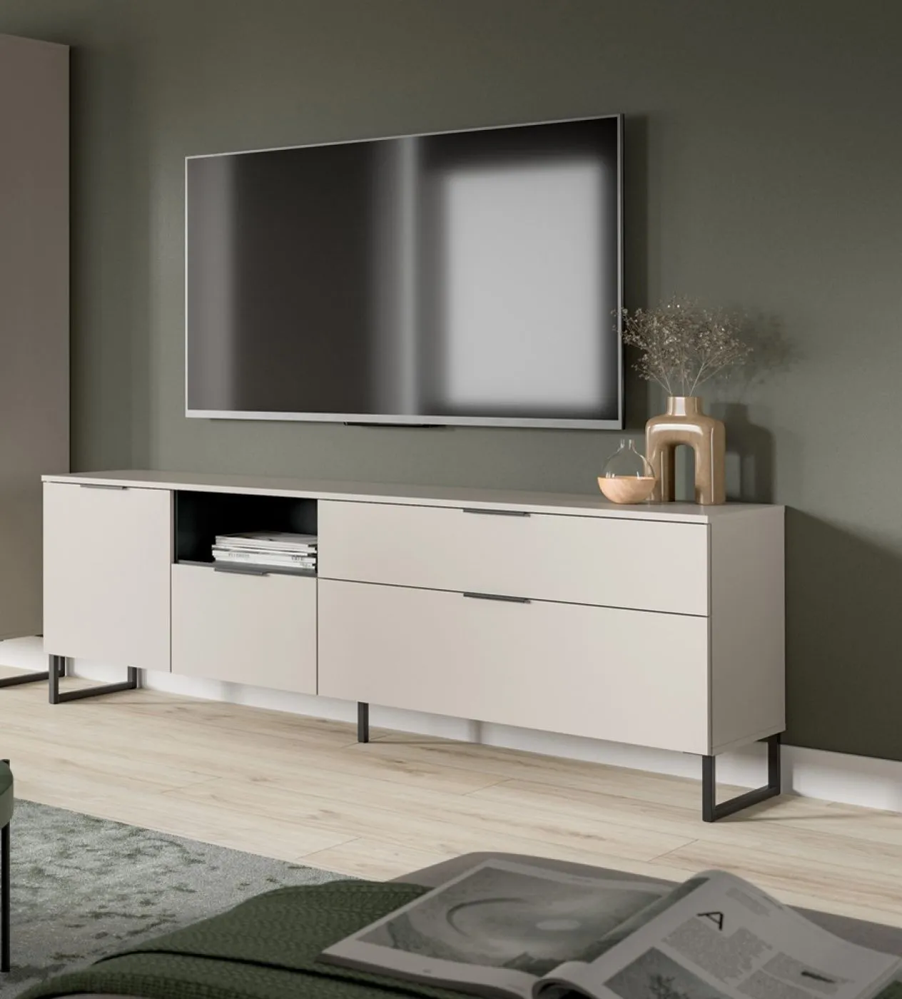 Wohnkombination Noida | 3-teilig | Kaschmir / schwarz mit 2er Set LED Beleuchtung