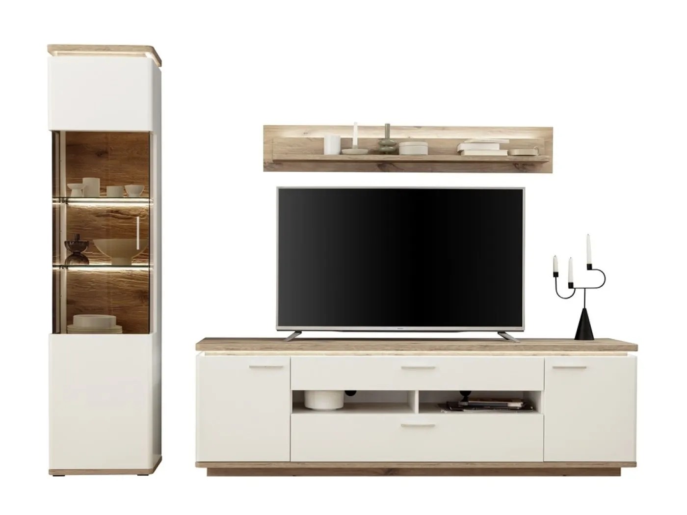 Wohnkombination Palermo 2 | Soft white / Viking Oak | 3-teilig | mit 135 cm Beleuchtung