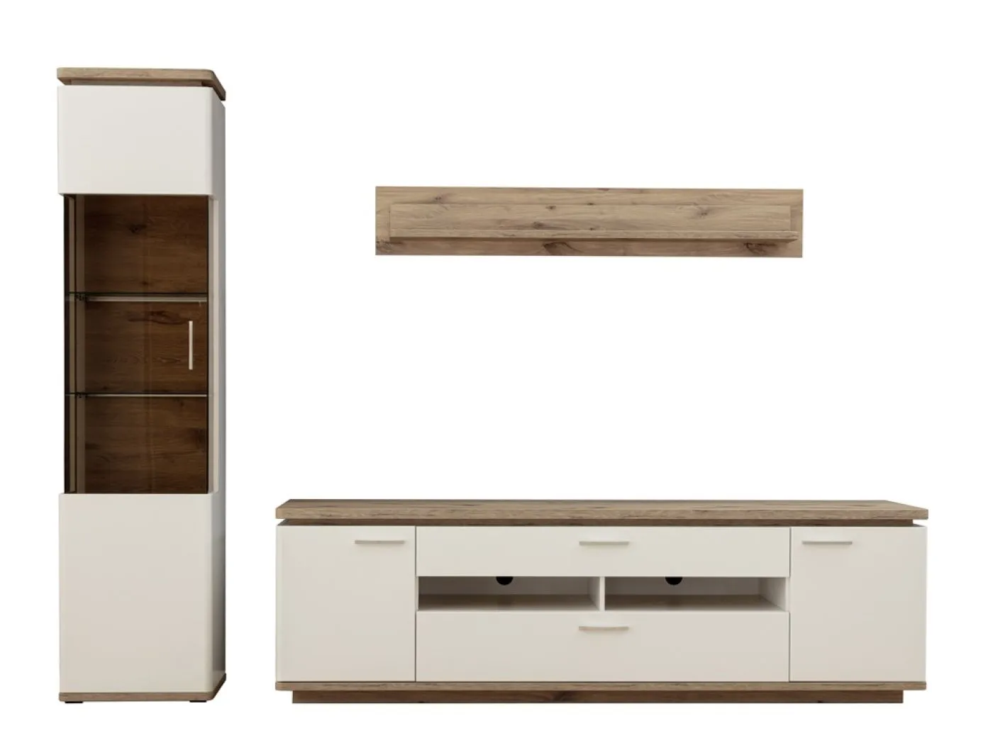 Wohnkombination Palermo 2 | Soft white / Viking Oak | 3-teilig | mit 2er Set 45 cm Beleuchtung