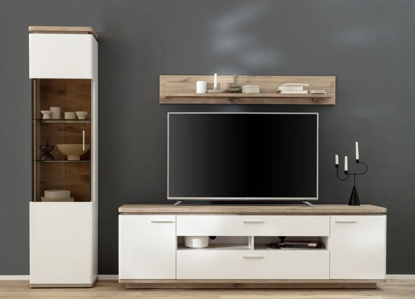 Wohnkombination Palermo 2 | Soft white / Viking Oak | 3-teilig | ohne Beleuchtung