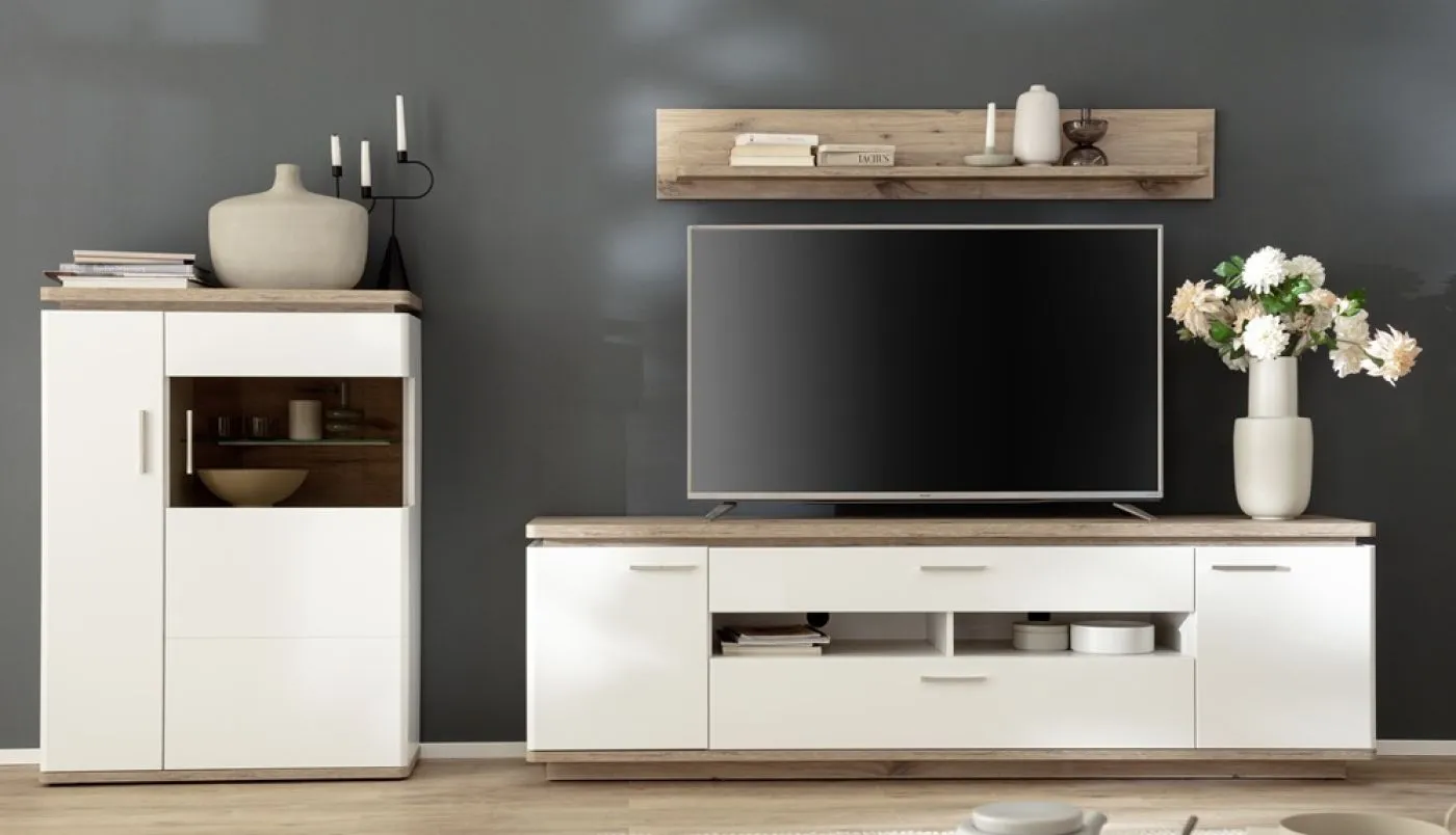 Wohnkombination Palermo 3 | Soft white / Viking Oak | 3-teilig | LED Beleuchtung