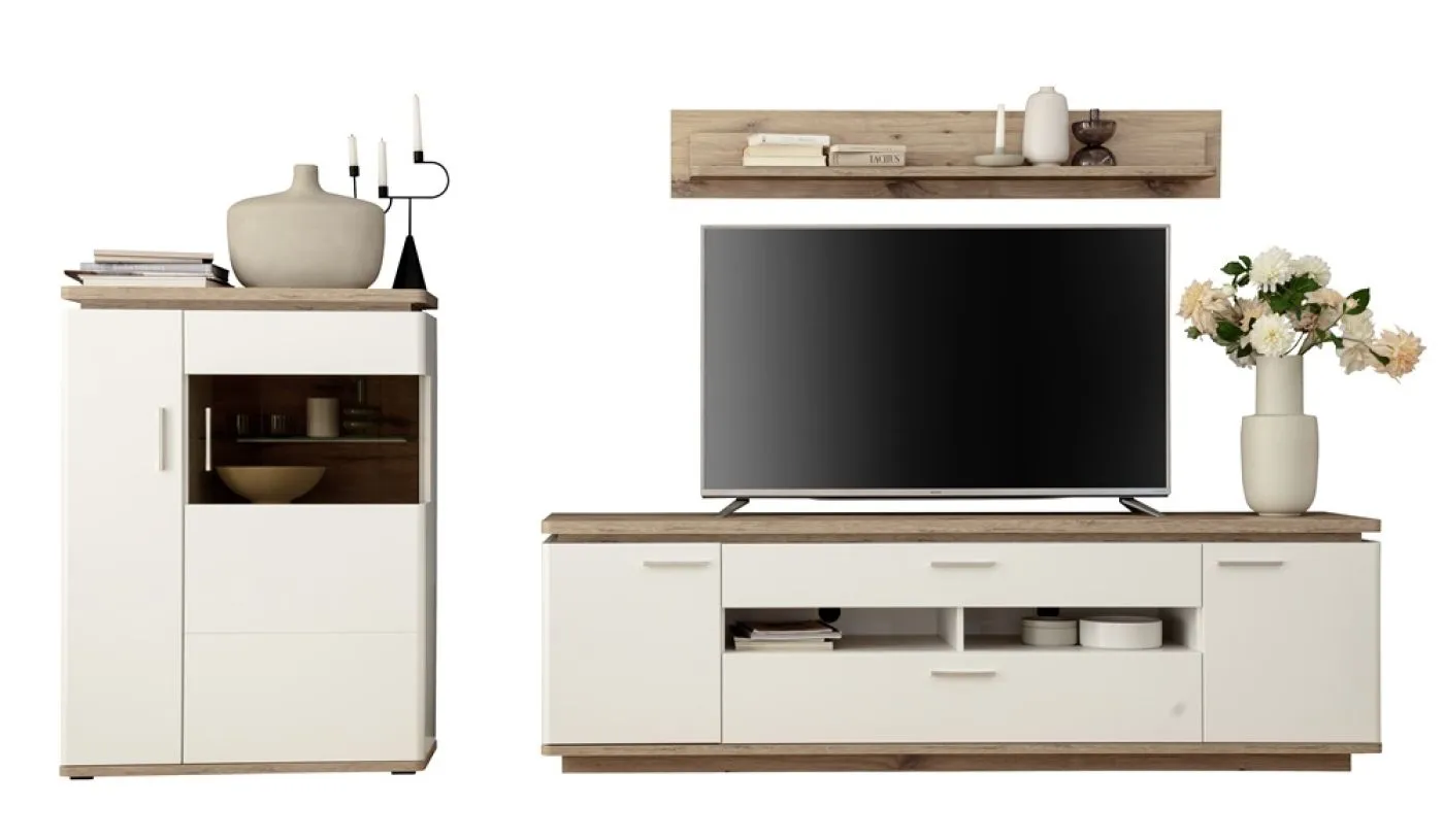 Wohnkombination Palermo 3 | Soft white / Viking Oak | 3-teilig | LED Beleuchtung