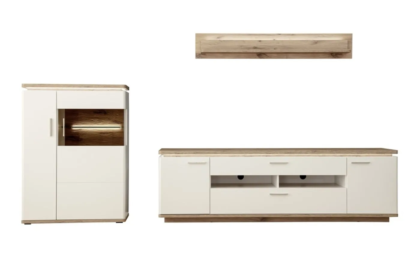 Wohnkombination Palermo 3 | Soft white / Viking Oak | 3-teilig | LED Beleuchtung
