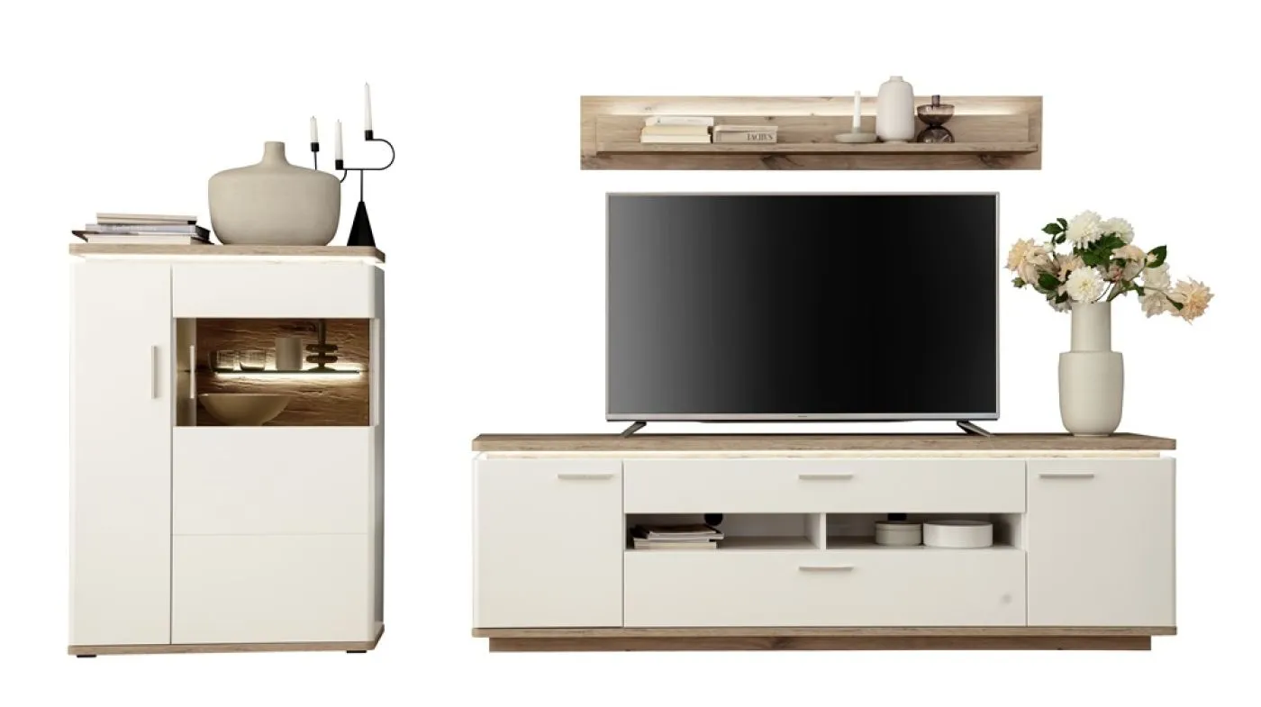 Wohnkombination Palermo 3 | Soft white / Viking Oak | 3-teilig | mit 45 cm Beleuchtung