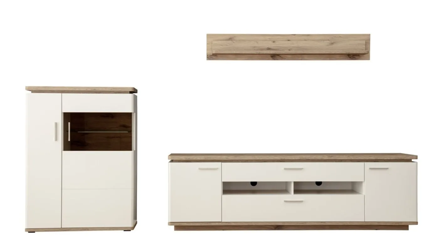 Wohnkombination Palermo 3 | Soft white / Viking Oak | 3-teilig | mit 45 cm Beleuchtung