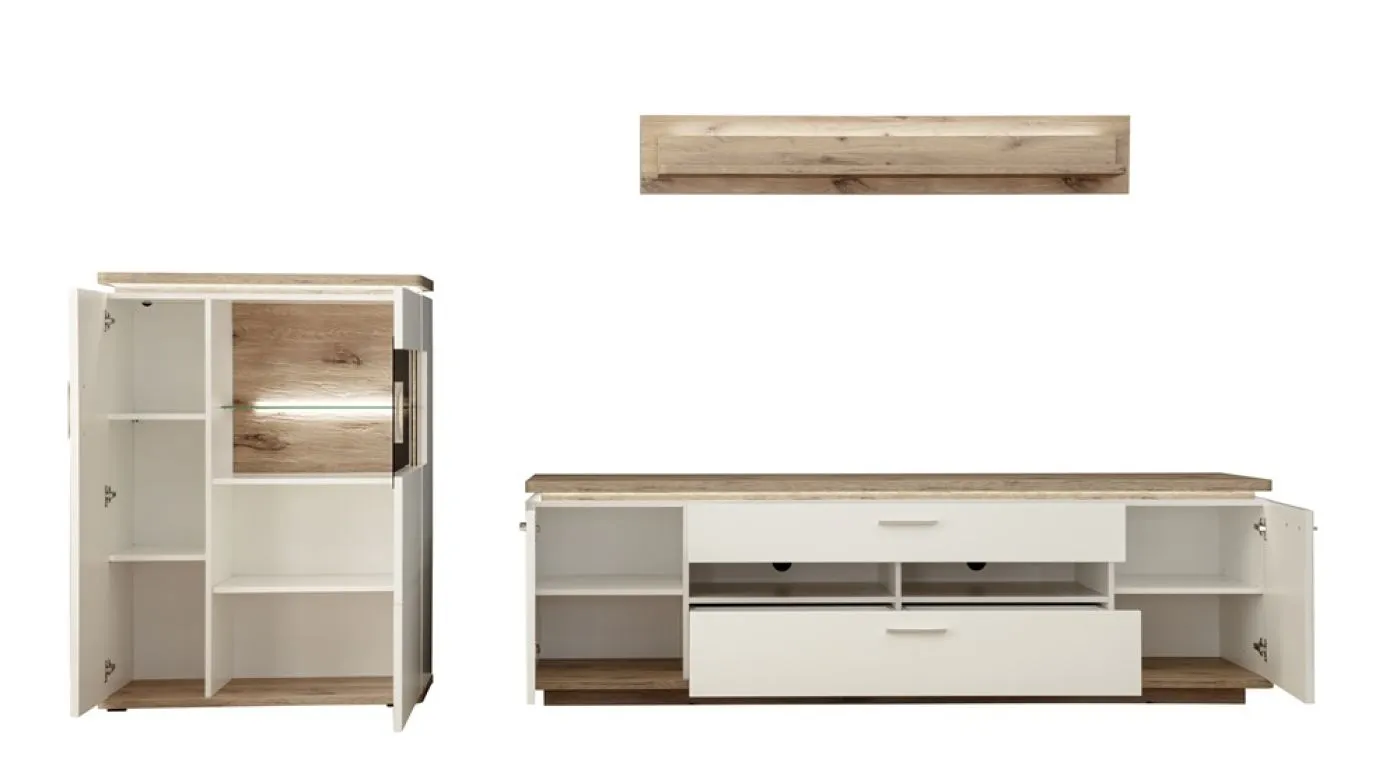 Wohnkombination Palermo 3 | Soft white / Viking Oak | 3-teilig | mit 45 cm Beleuchtung