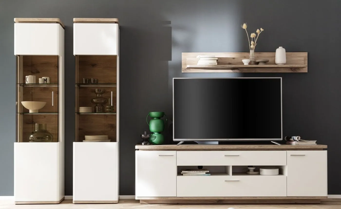 Wohnkombination Palermo 4 | Soft white / Viking Oak | 4-teilig | mit 135 cm Beleuchtung