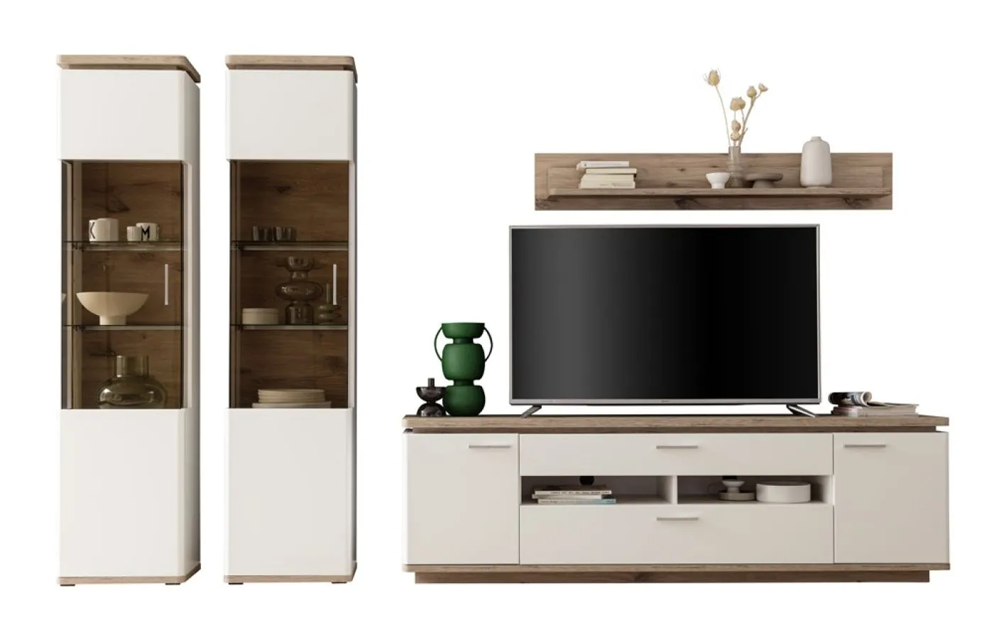 Wohnkombination Palermo 4 | Soft white / Viking Oak | 4-teilig | mit 135 cm Beleuchtung