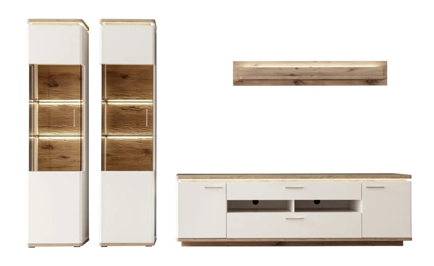 Wohnkombination Palermo 4 | Soft white / Viking Oak | 4-teilig | mit 135 cm Beleuchtung