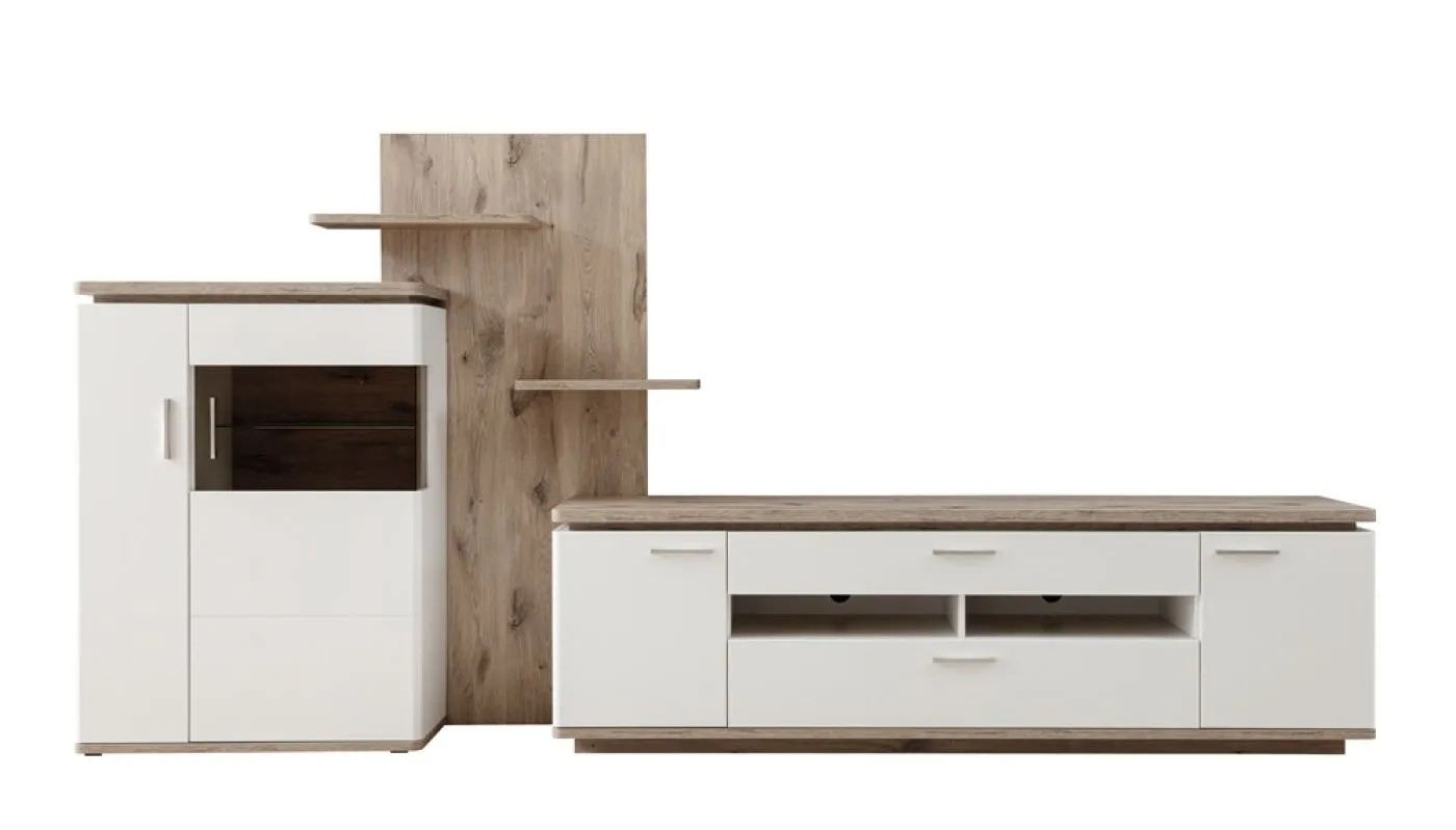 Wohnkombination Palermo | Soft white / Viking Oak | 3-teilig | mit Beleuchtung