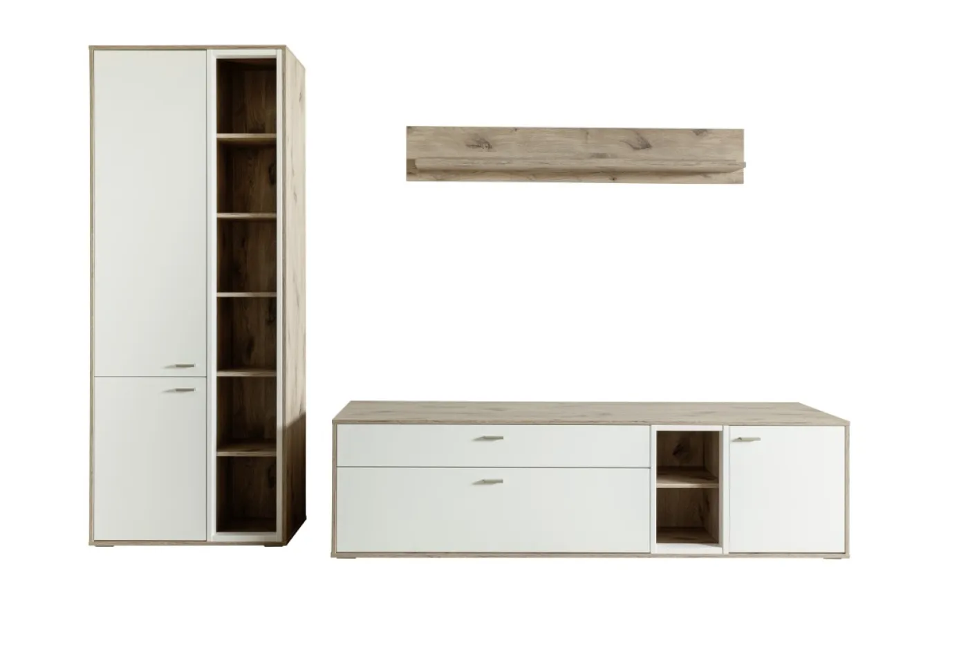 Wohnkombination Santerno 1 | Soft white / Viking Oak | 3-teilig | LED Beleuchtung