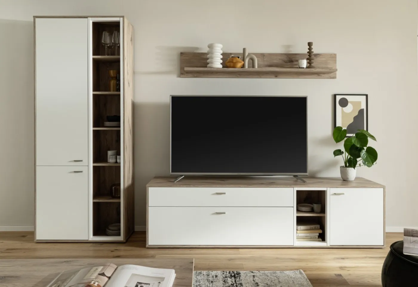 Wohnkombination Santerno 1 | Soft white / Viking Oak | 3-teilig | mit 135 cm Beleuchtung