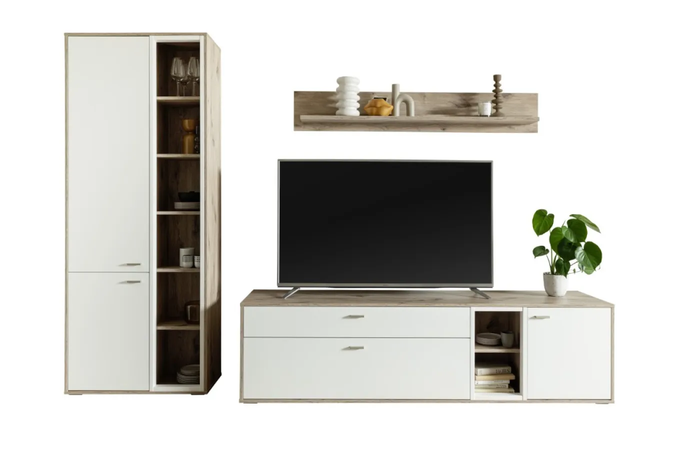 Wohnkombination Santerno 1 | Soft white / Viking Oak | 3-teilig | mit 135 cm Beleuchtung