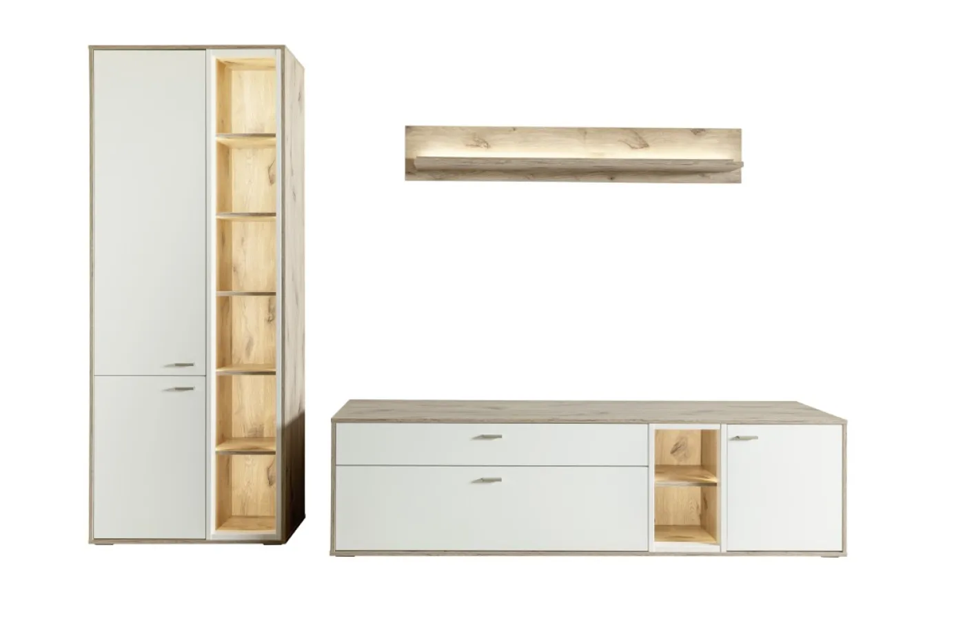 Wohnkombination Santerno 1 | Soft white / Viking Oak | 3-teilig | mit 135 cm Beleuchtung