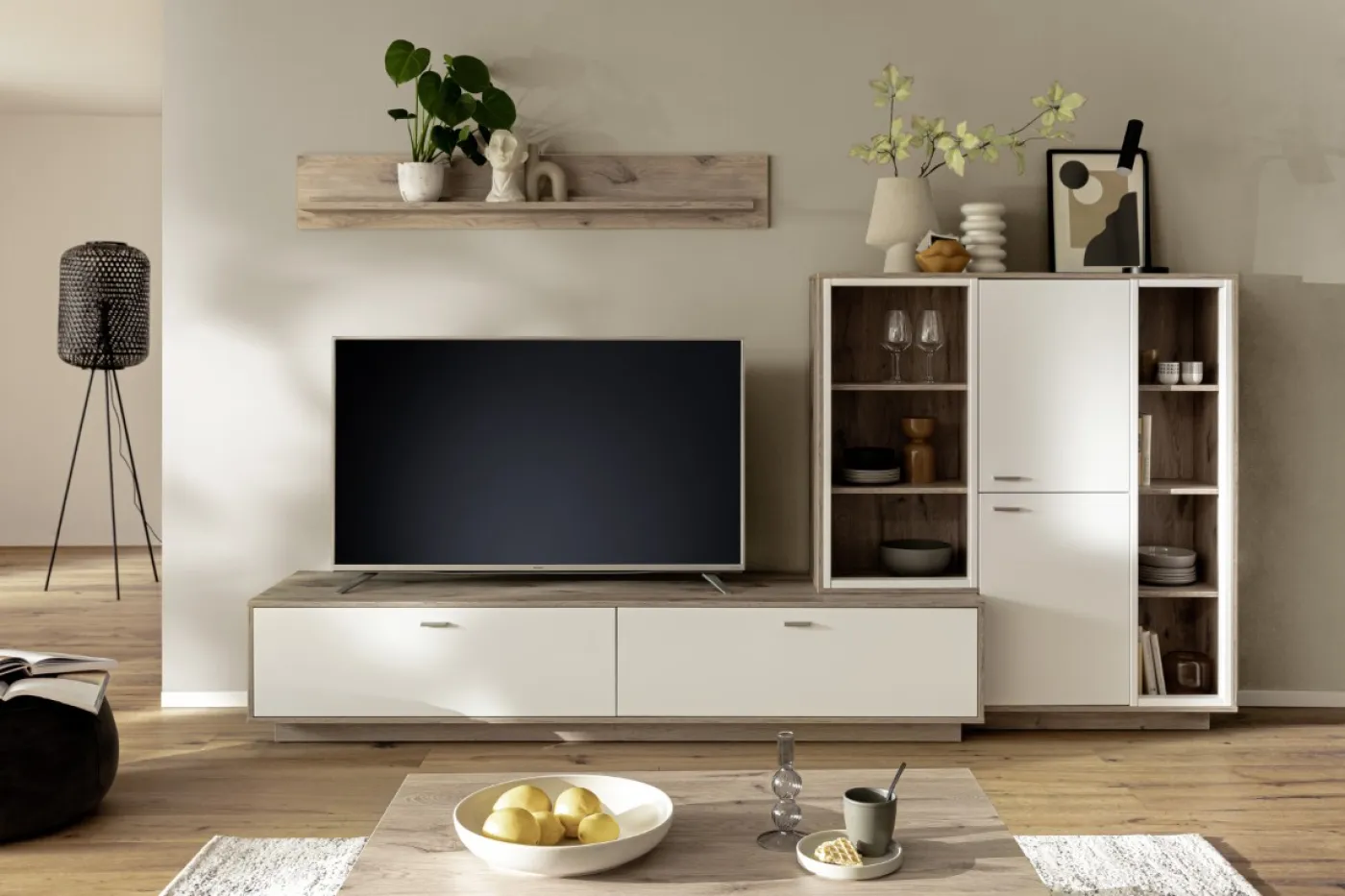 Wohnkombination Santerno 2 | Soft white / Viking Oak | 3-teilig | mit 125 cm Beleuchtung