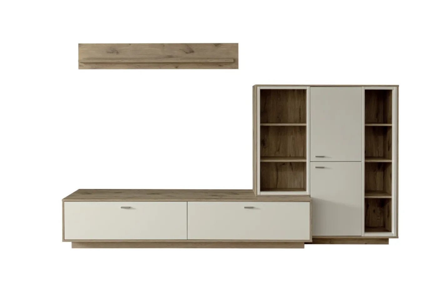 Wohnkombination Santerno 2 | Soft white / Viking Oak | 3-teilig | mit 125 cm Beleuchtung