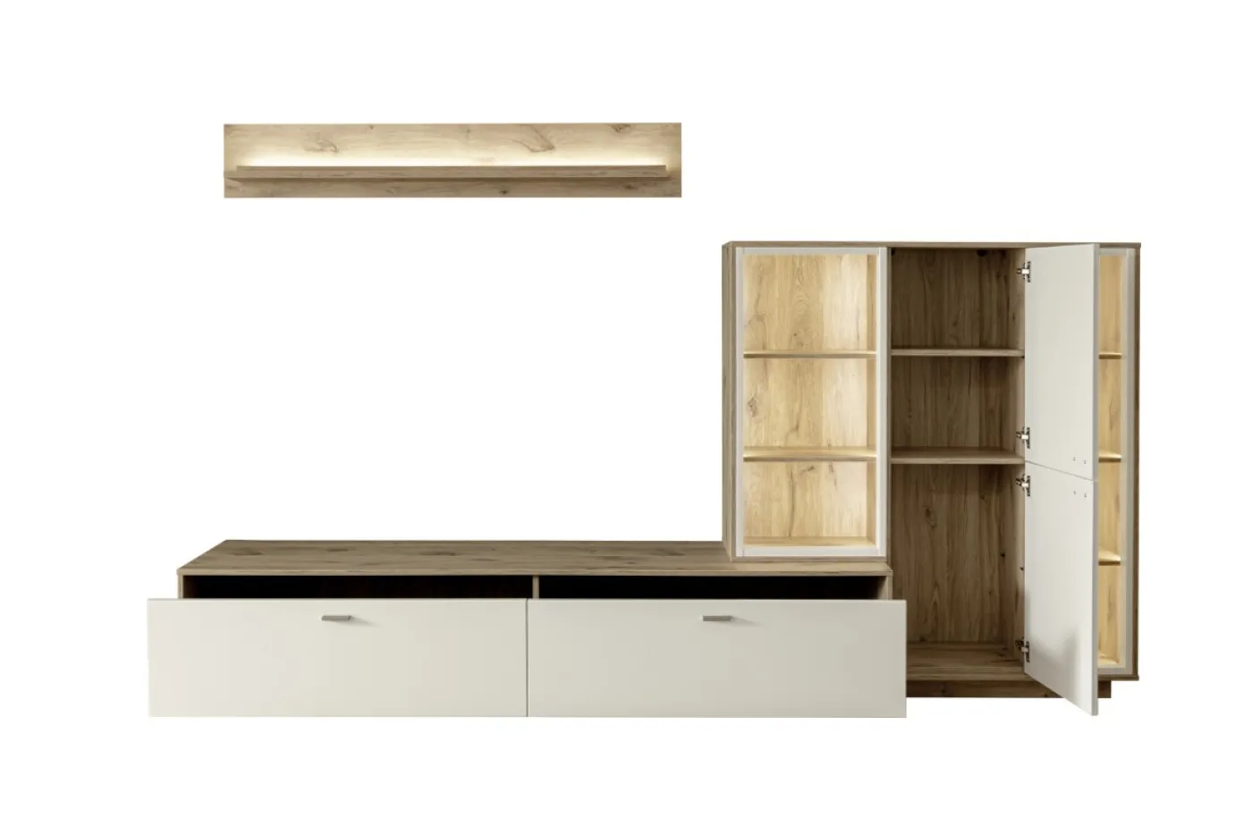 Wohnkombination Santerno 2 | Soft white / Viking Oak | 3-teilig | mit 125 cm Beleuchtung