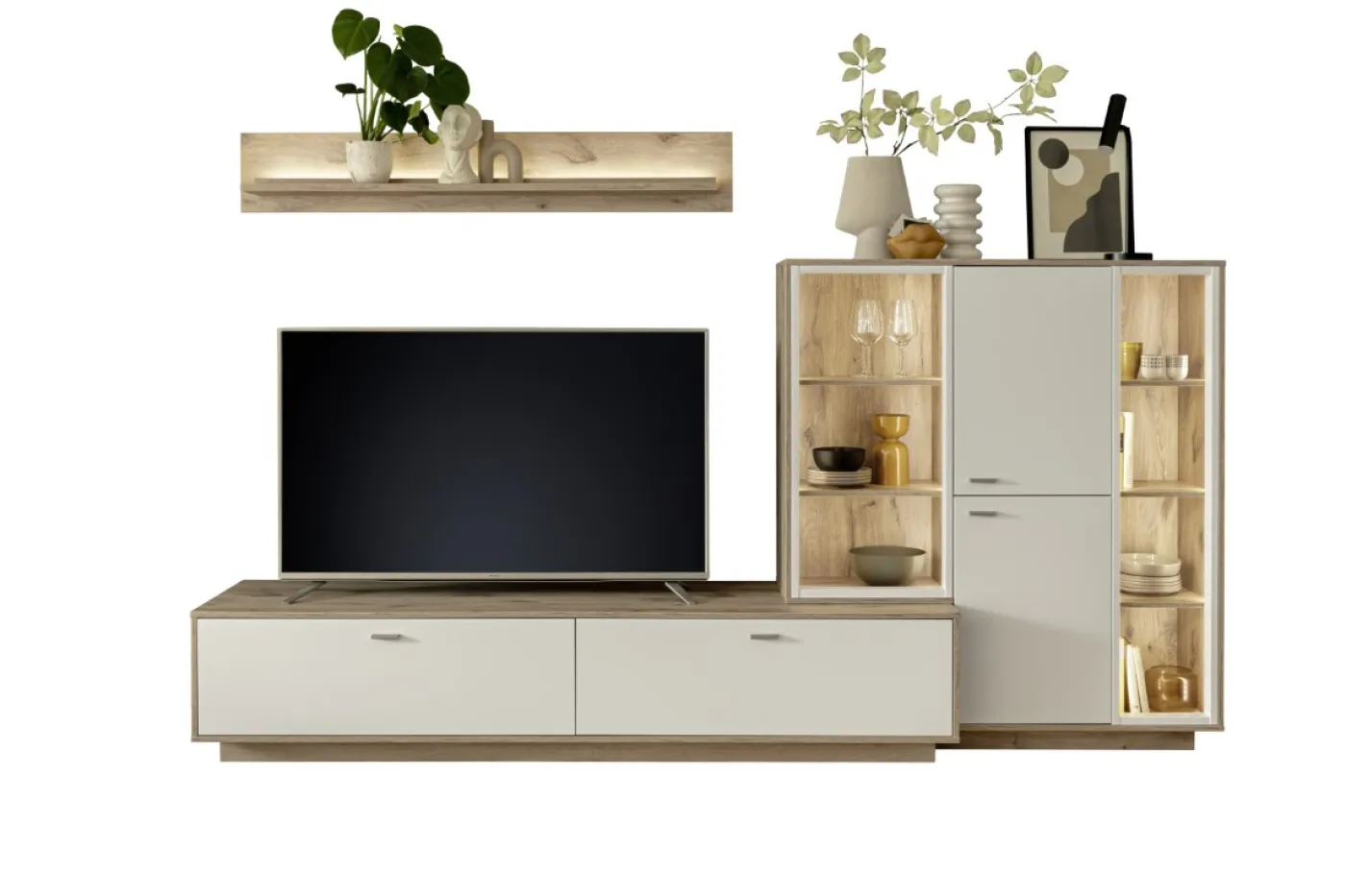 Wohnkombination Santerno 2 | Soft white / Viking Oak | 3-teilig | mit 85 cm Beleuchtung