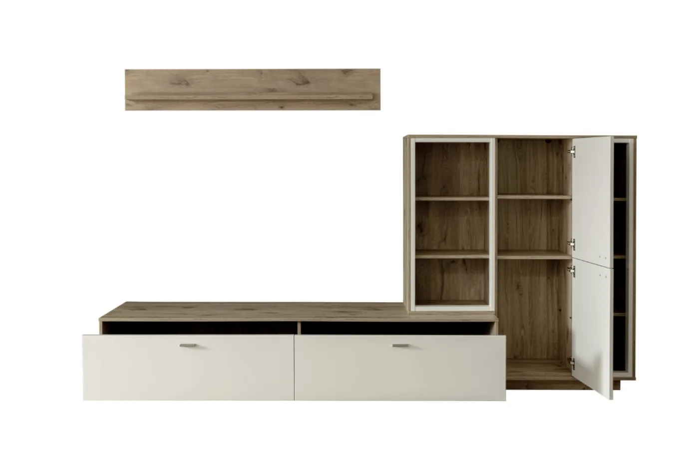 Wohnkombination Santerno 2 | Soft white / Viking Oak | 3-teilig | mit 85 cm Beleuchtung