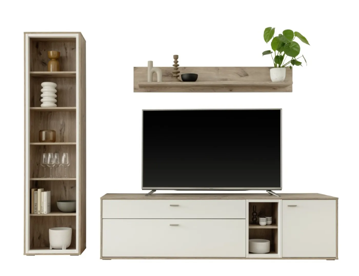 Wohnkombination Santerno | Soft white / Viking Oak | 3-teilig | mit 190 cm Beleuchtung