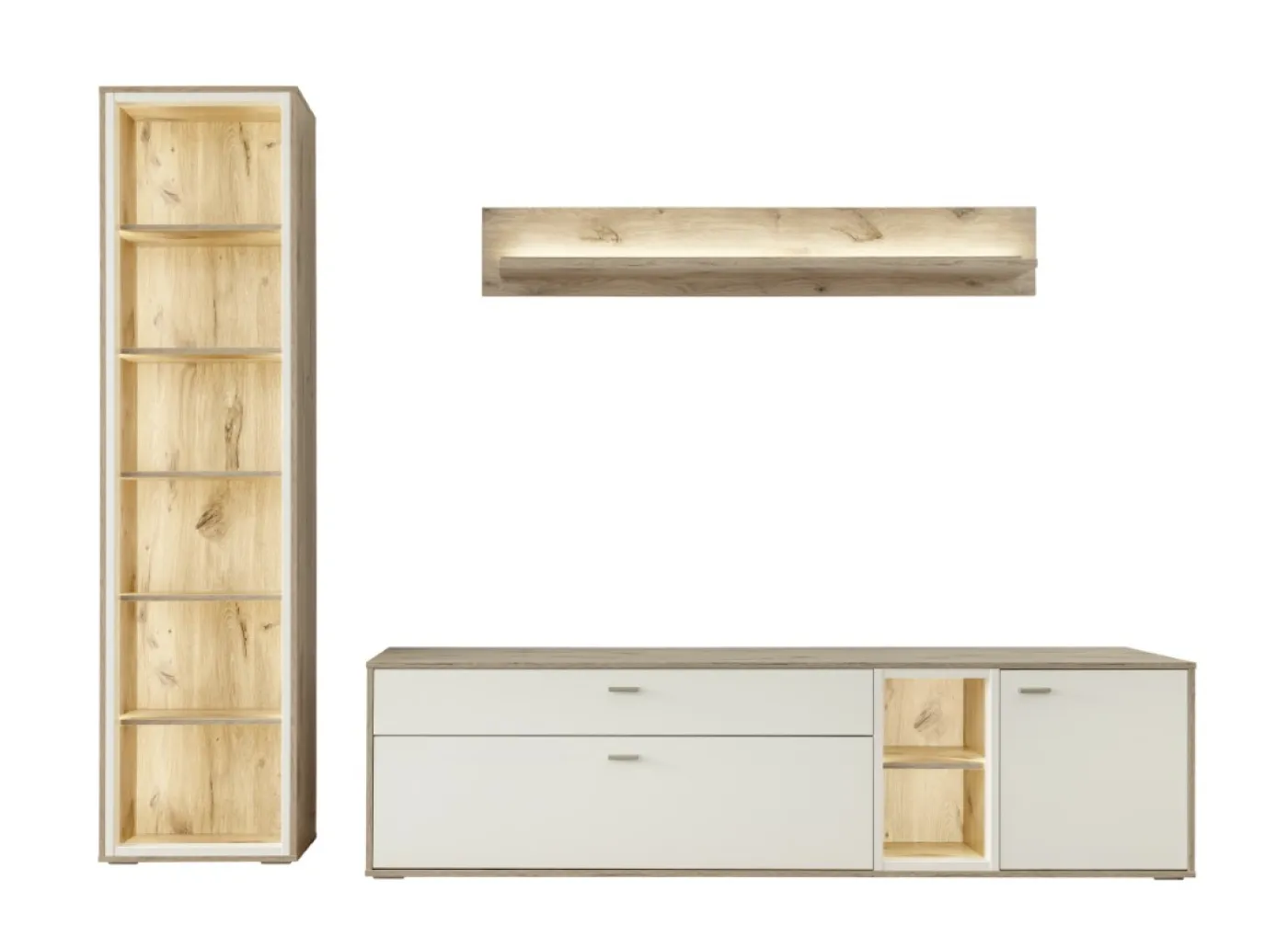 Wohnkombination Santerno | Soft white / Viking Oak | 3-teilig | mit 190 cm Beleuchtung