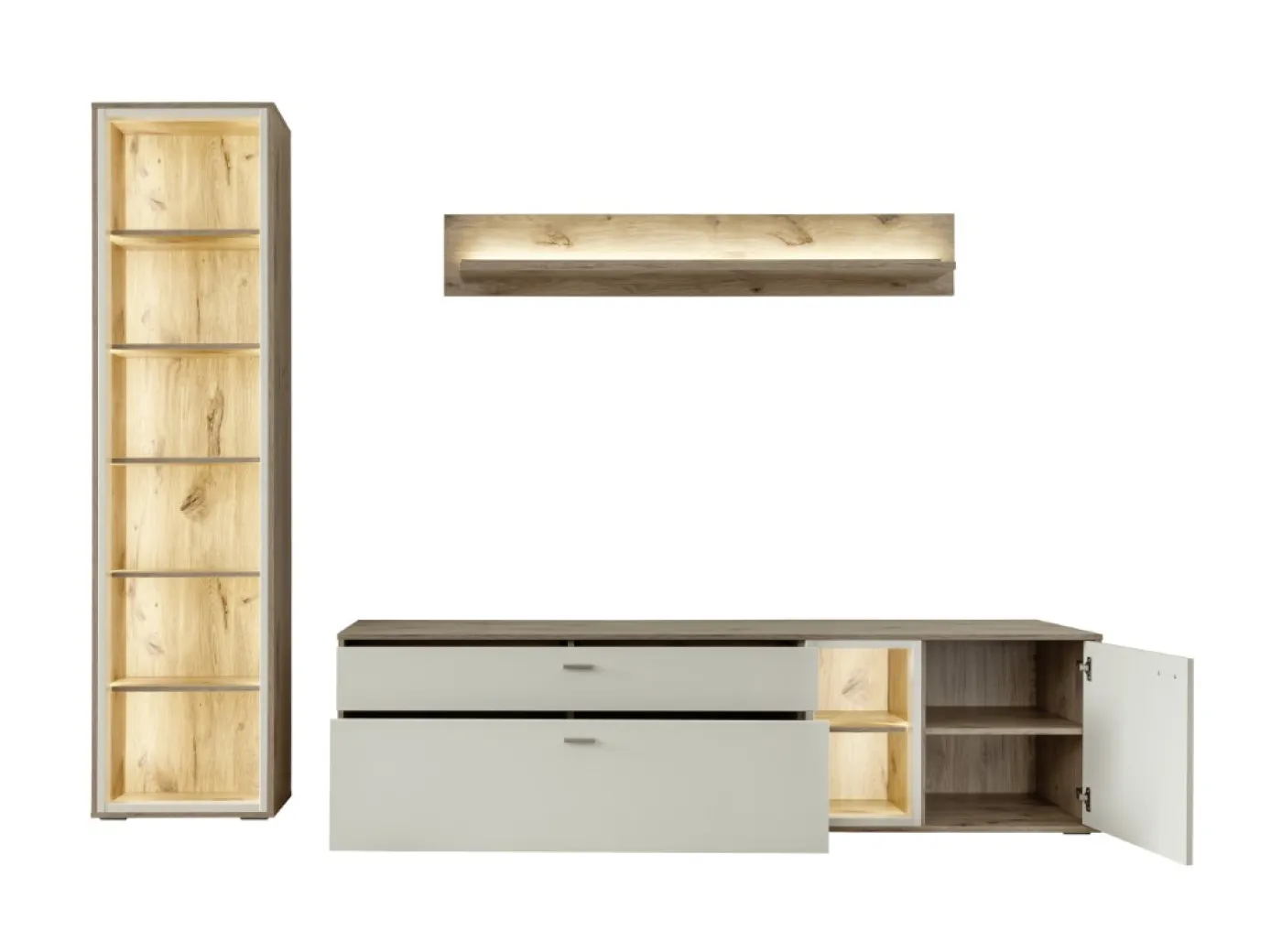 Wohnkombination Santerno | Soft white / Viking Oak | 3-teilig | mit 190 cm Beleuchtung