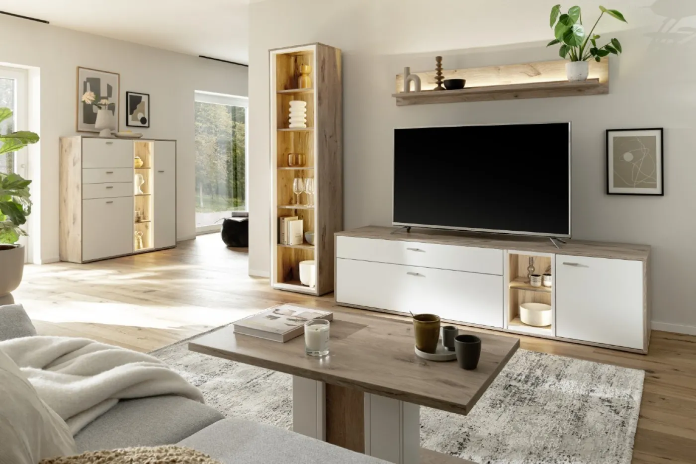 Wohnkombination Santerno | Soft white / Viking Oak | 3-teilig | mit 50 cm Beleuchtung