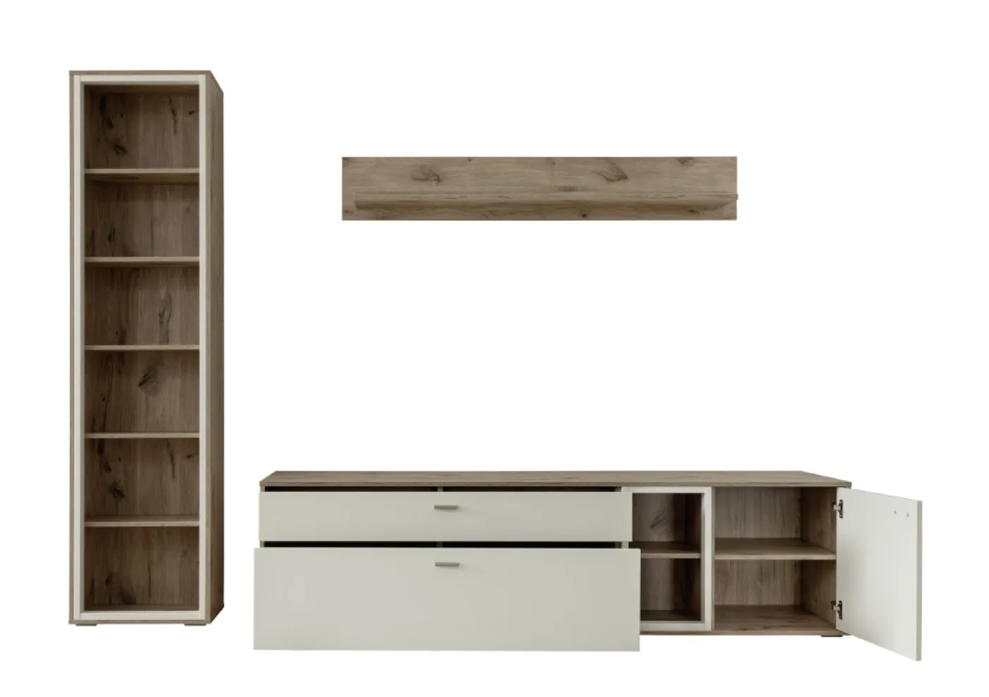 Wohnkombination Santerno | Soft white / Viking Oak | 3-teilig | mit 50 cm Beleuchtung