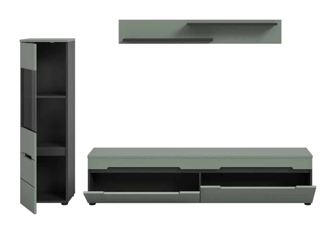 Wohnwand Anbauwand Canu | 2-teilig | Smoke Green / Basalt Grau mit Beleuchtung