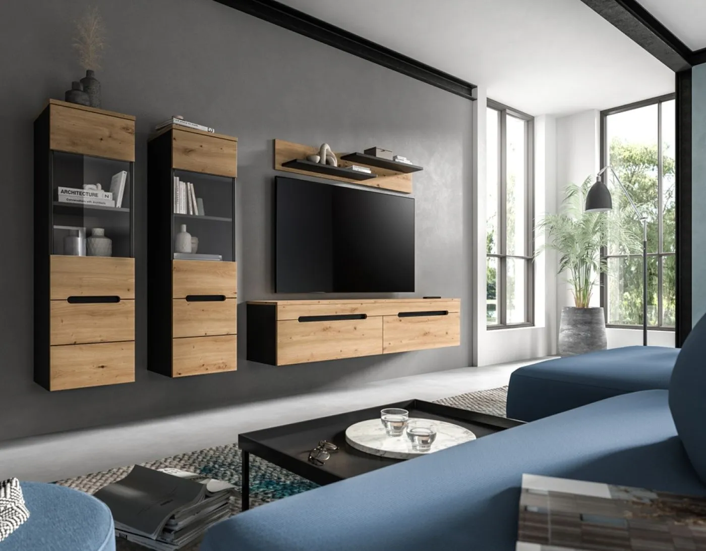Wohnwand Anbauwand Canu | 3-teilig | Artisan / Basalt Grau | mit Beleuchtung