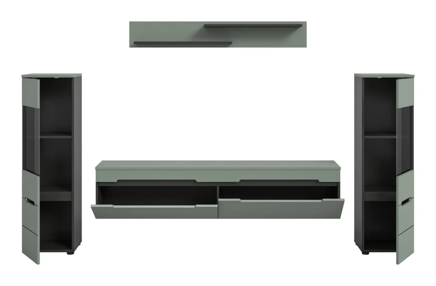 Wohnwand Anbauwand Canu | 3-teilig | Smoke Green / Basalt Grau | mit Beleuchtung