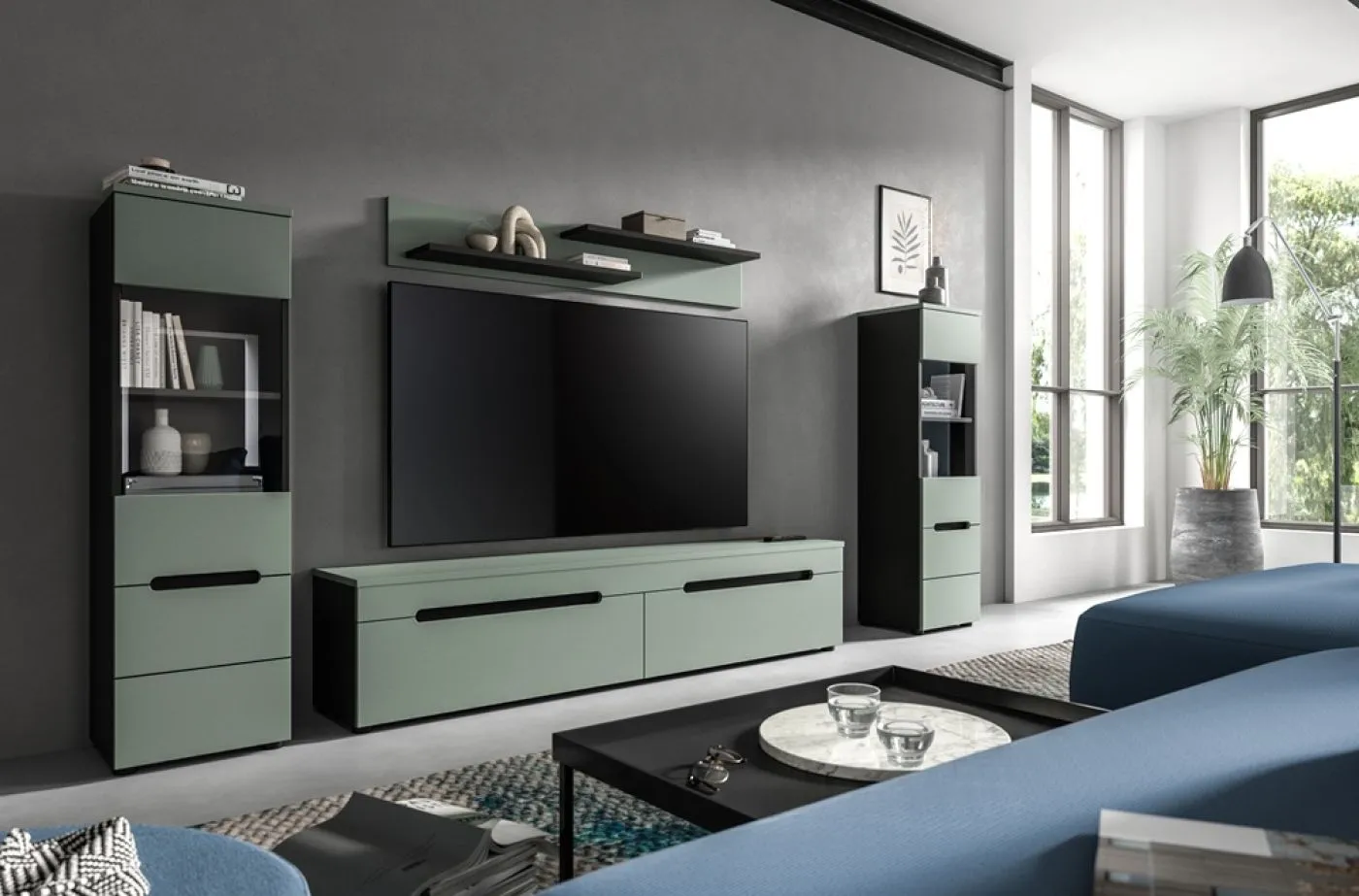 Wohnwand Anbauwand Canu | 3-teilig | Smoke Green / Basalt Grau | mit Beleuchtung