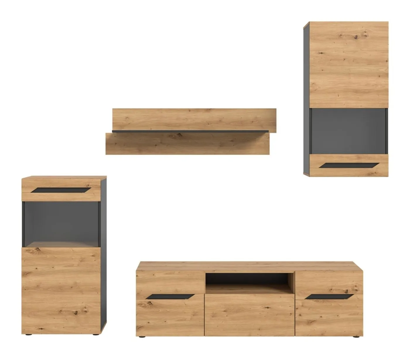 Wohnwand Anbauwand Caserta | 4-teilig | Artisan Eiche / Basalt grau | LED Beleuchtung