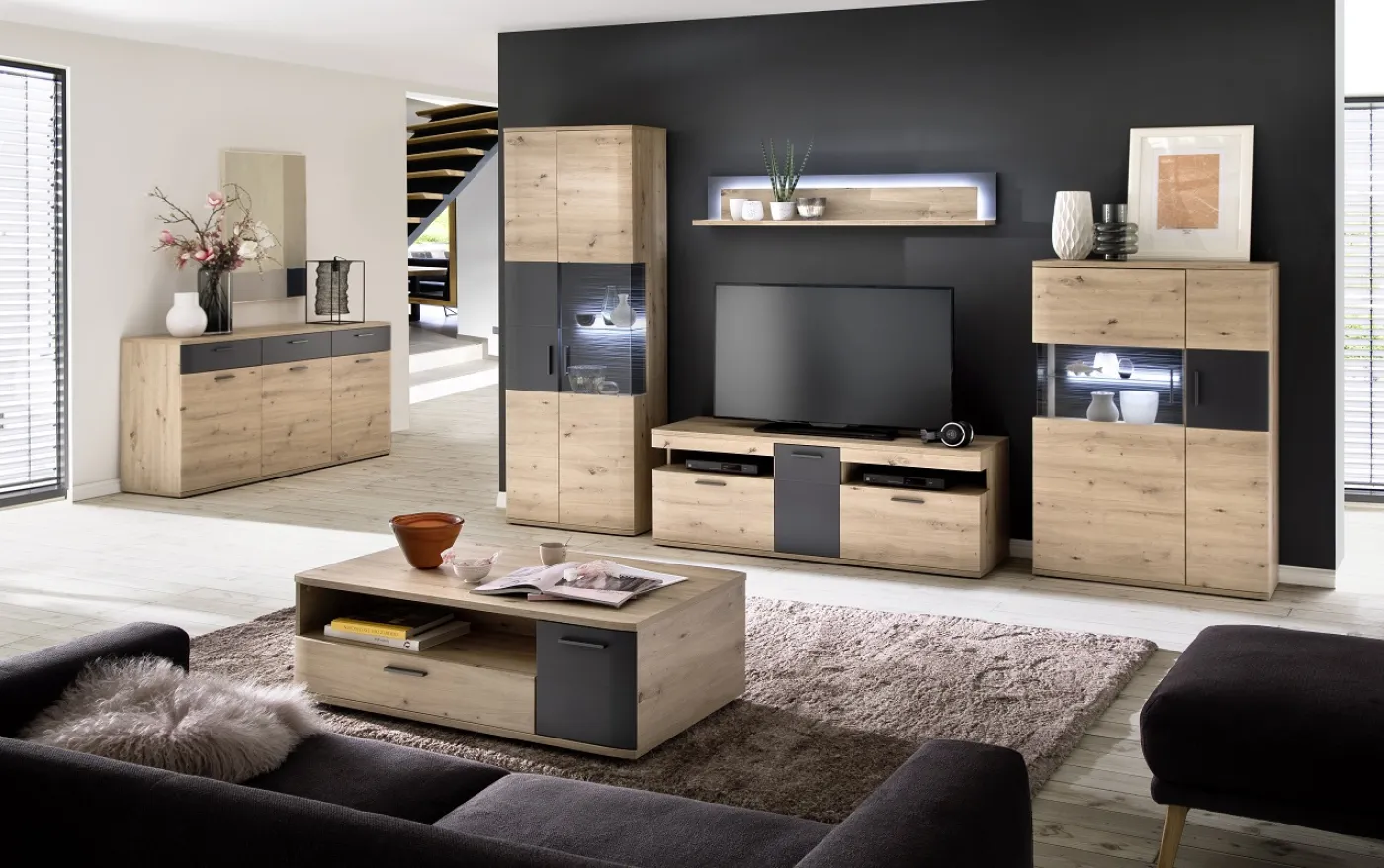 Wohnwand Anbauwand Cortona | Balkeneiche / anthrazit | 4-teilig