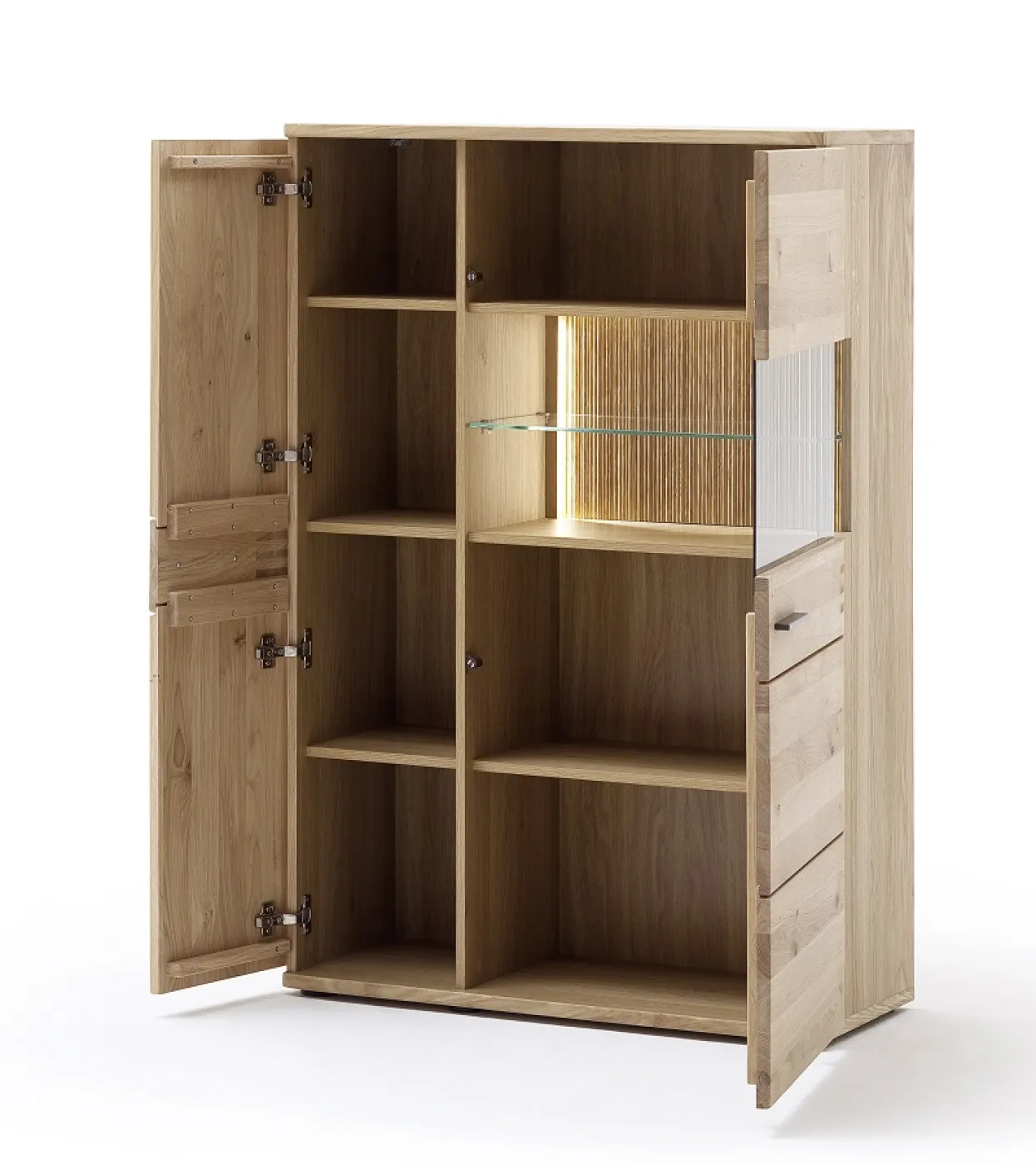 Wohnwand Anbauwand Salvador 1 | Balkeneiche Bianco | 4-teilig | LED Beleuchtung Highboard mit 2er Set LED Bandbeleuchtung 30 cm Wandboard mit 1er Set LED Bandbeleuchtung 165 cm Vitrine ohne Beleuchtung