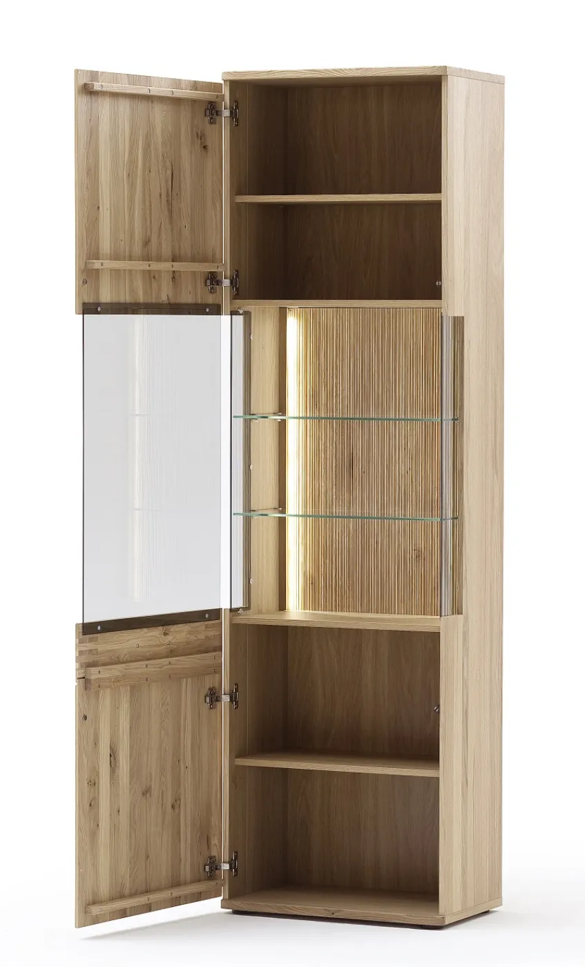 Wohnwand Anbauwand Salvador 1 | Balkeneiche Bianco | 4-teilig | LED Beleuchtung Highboard mit 2er Set LED Bandbeleuchtung 30 cm Wandboard mit 1er Set LED Bandbeleuchtung 165 cm Vitrine ohne Beleuchtung