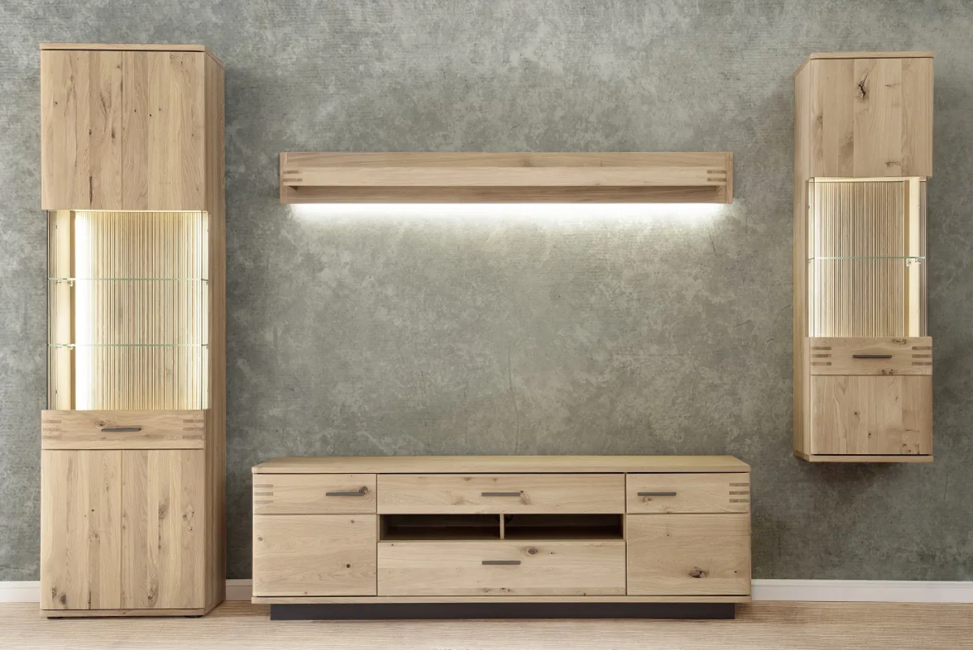Wohnwand Anbauwand Salvador | Balkeneiche Bianco | 4-teilig