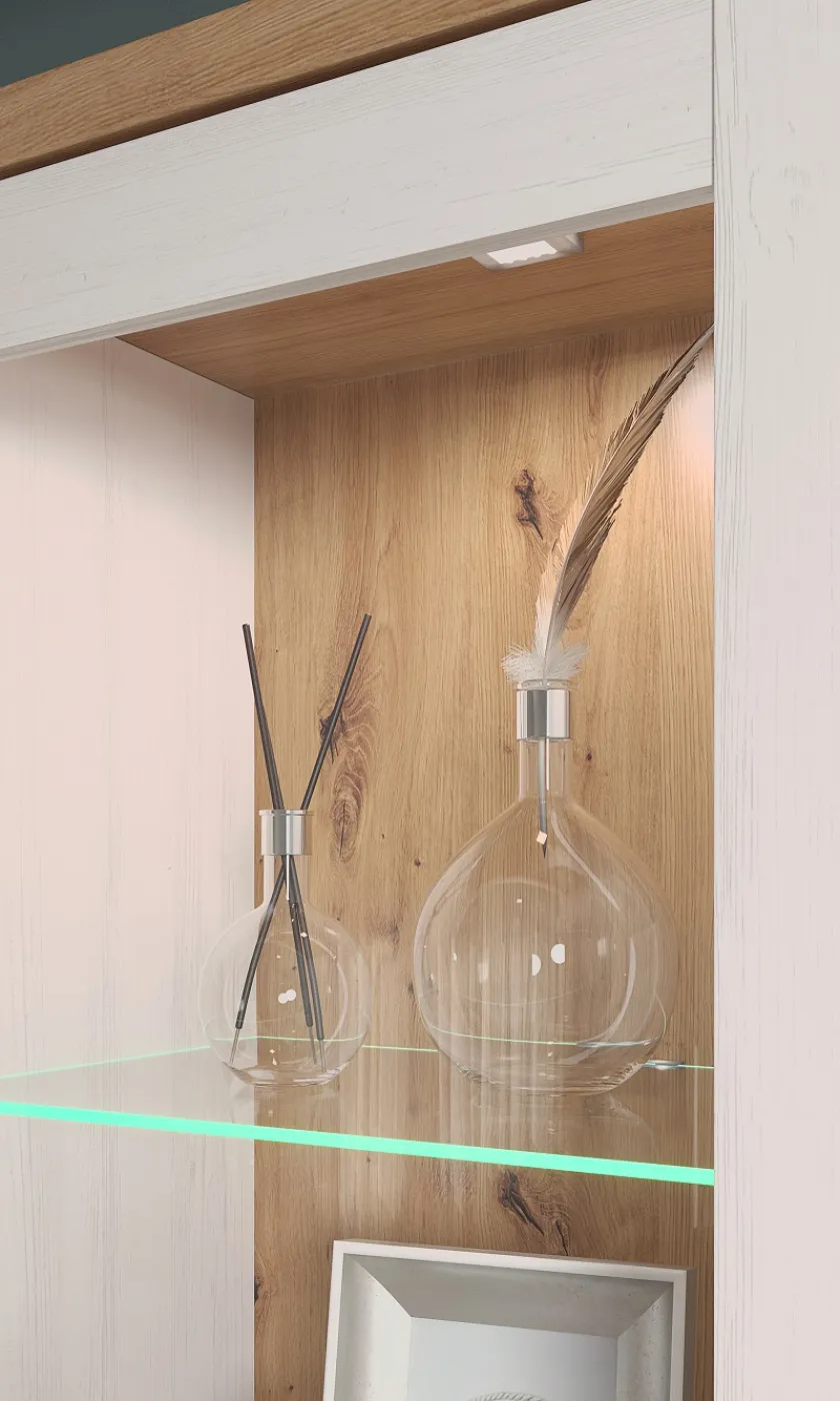 Wohnwand Anbauwand Shade | Andersen Pinie weiß / Artisan Eiche | Landhausstil | 4-teilig | LED Beleuchtung