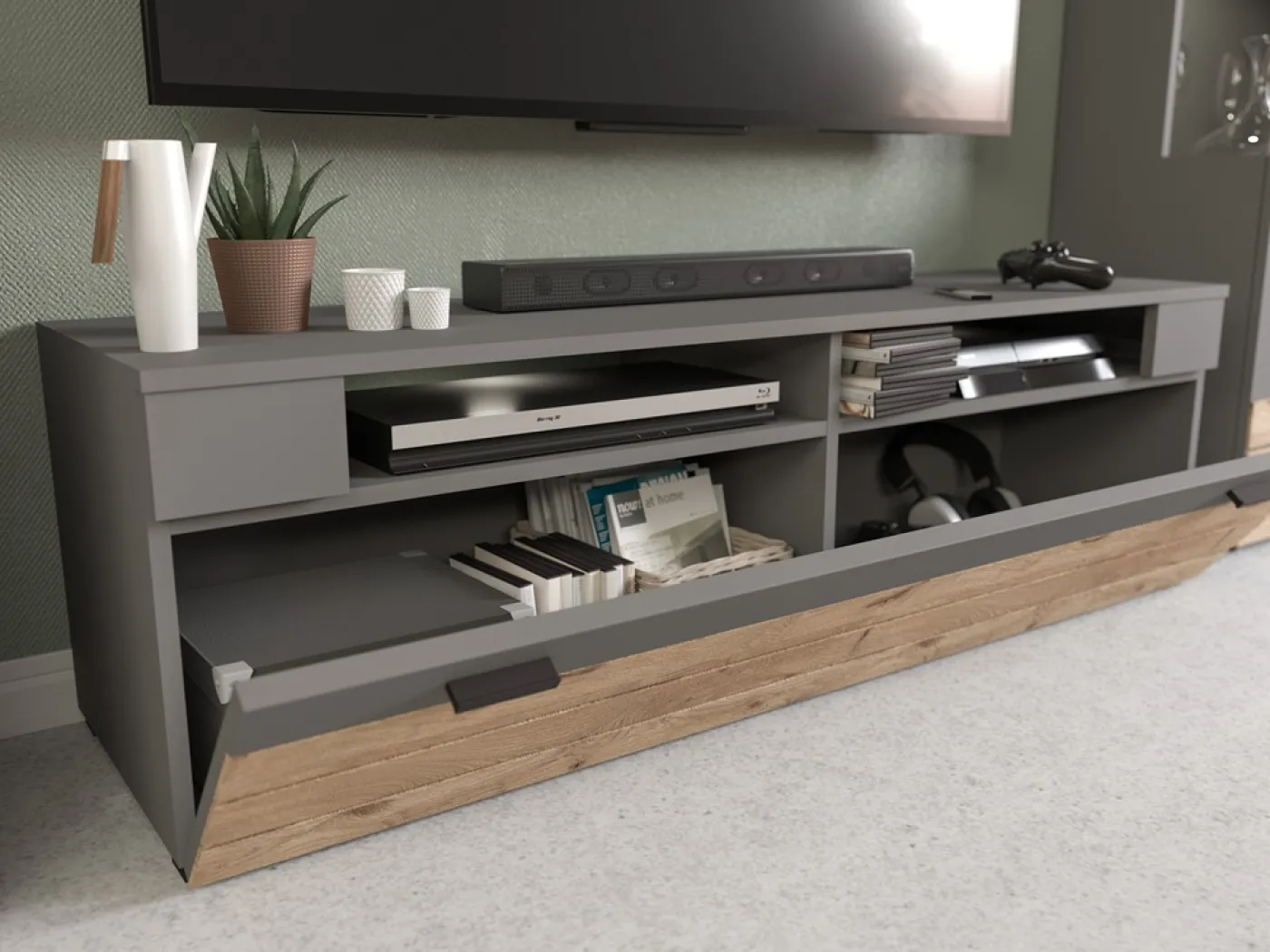 Wohnwand Freno | grau matt / Nox Oak | 4-teilig